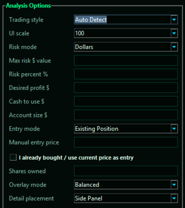 NEO analysis options control panel